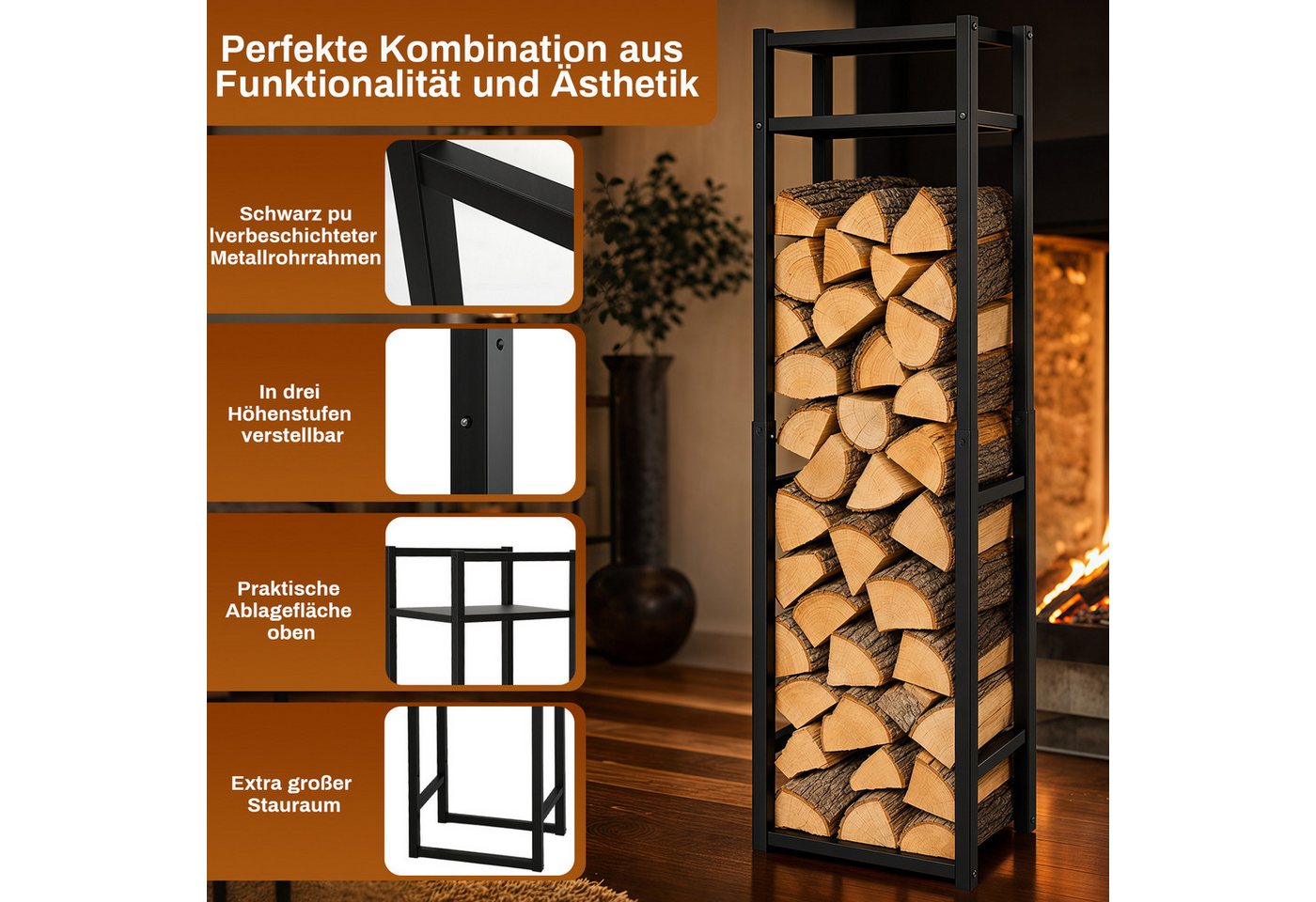 Clanmacy Kaminholzregal Kaminholzregal 45x32 cm, Höhe 120/145/170 cm, Ablage, 100 kg