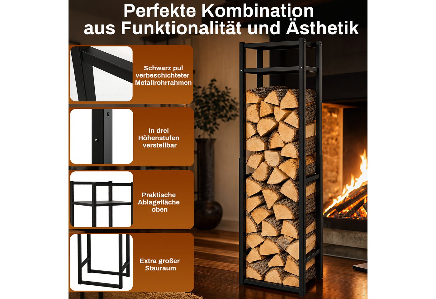 Clanmacy Kaminholzregal Kaminholzregal 45x32 cm, Höhe 120/145/170 cm, Ablage, 100 kg Bild 4