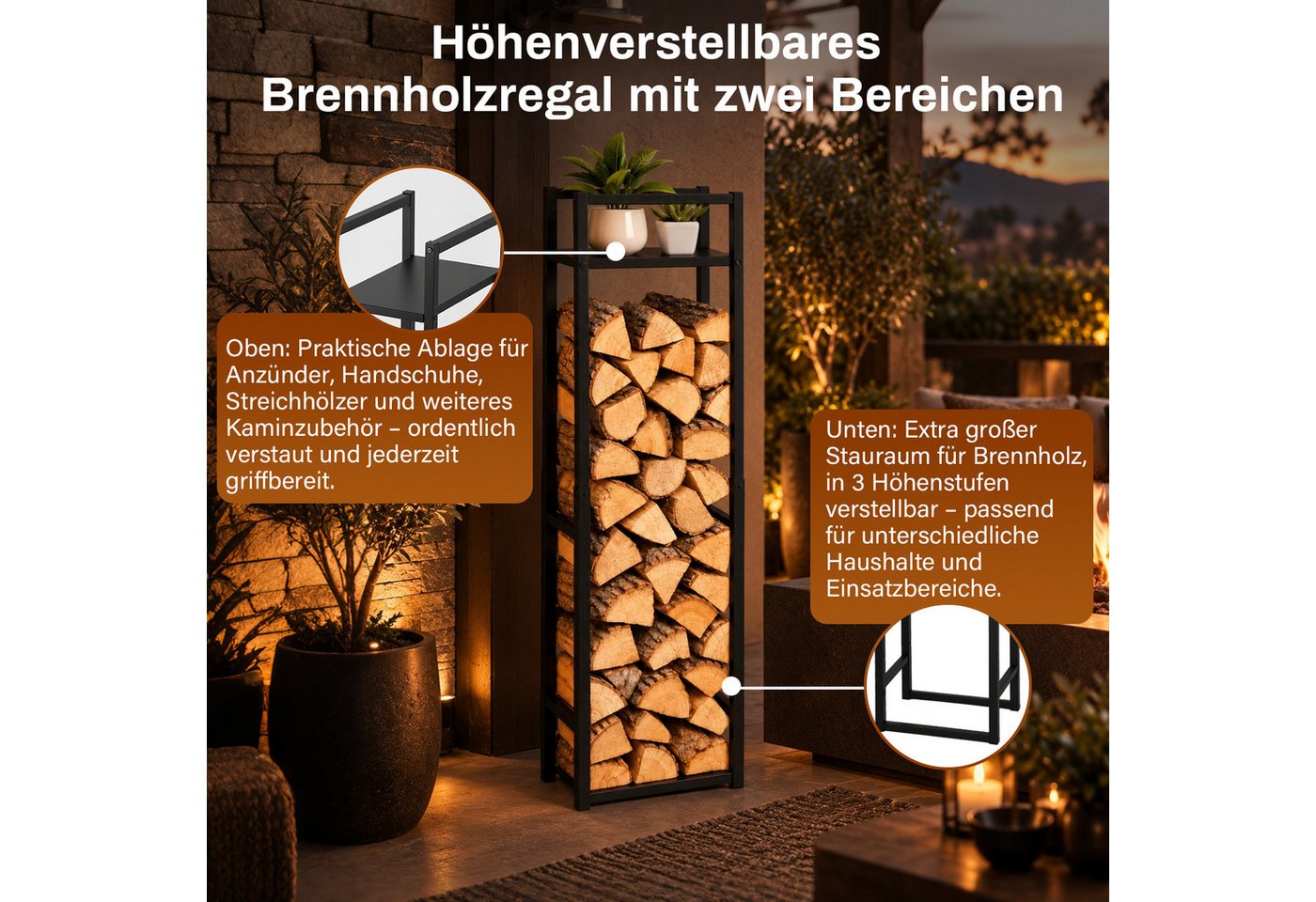 Clanmacy Kaminholzregal Kaminholzregal 45x32 cm, Höhe 120/145/170 cm, Ablage, 100 kg Bild 5