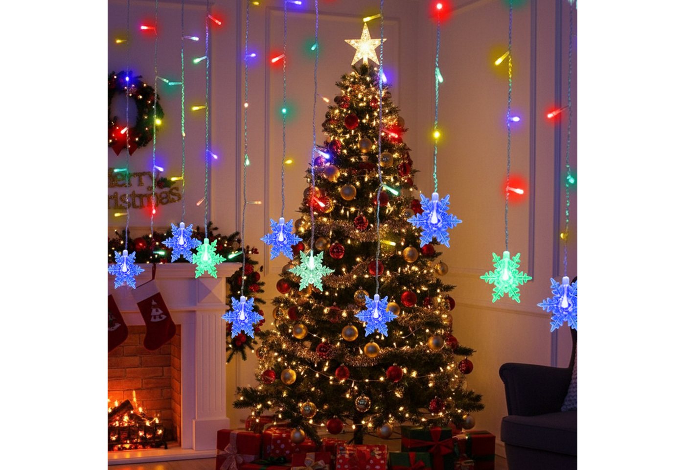 Merry 2024 Lichternetz LED Lichterkette Lichtervorhang,1.8M 96 LEDS Schneeflocke Fenster, Weihnachtsdeko,LED Vorhang Licht für Innen Außen Fensterdeko Halloween Bild 2