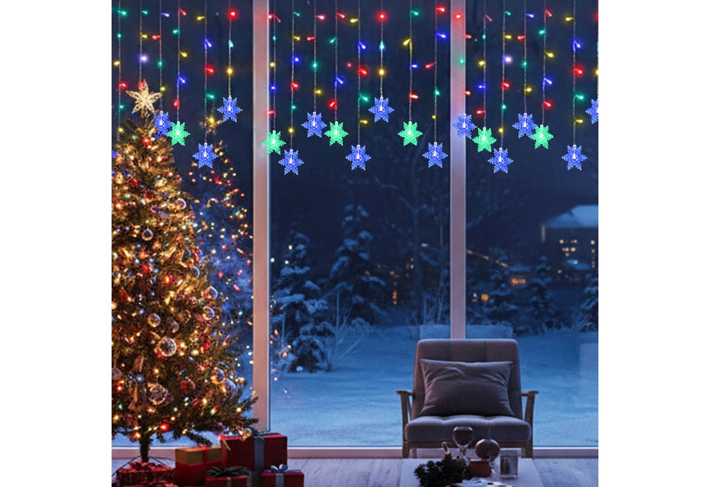 Merry 2024 Lichternetz LED Lichterkette Lichtervorhang,1.8M 96 LEDS Schneeflocke Fenster, Weihnachtsdeko,LED Vorhang Licht für Innen Außen Fensterdeko Halloween Bild 5