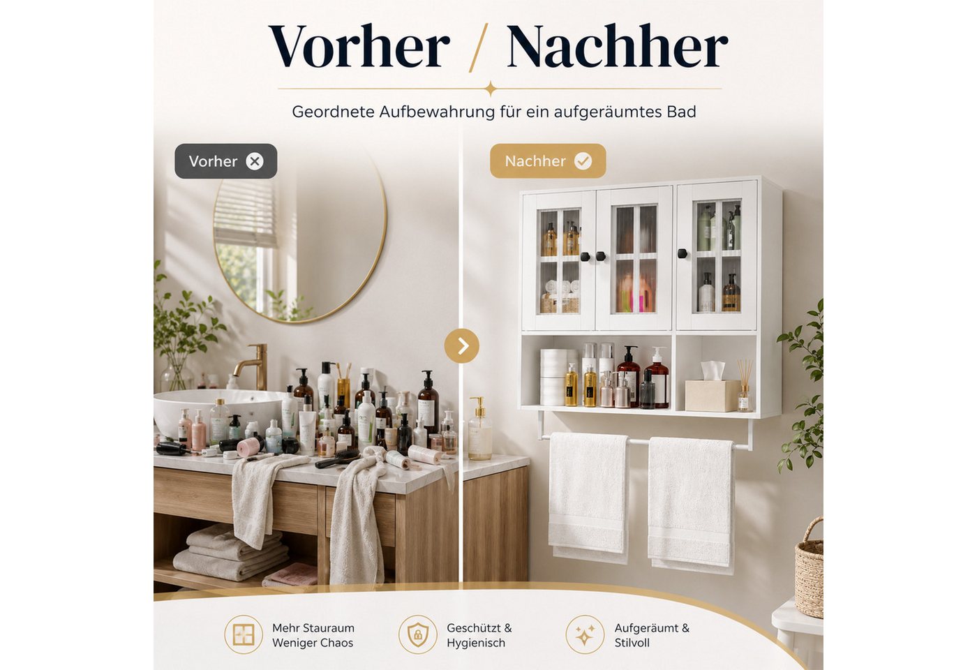 Yorbay Hängeschrank Badezimmerschrank mit 3 Türen (Inklusive Handtuchhalter & höhenverstellbaren Einlegeböden) Moderner Aufbewahrungsschrank für Bad & Küche