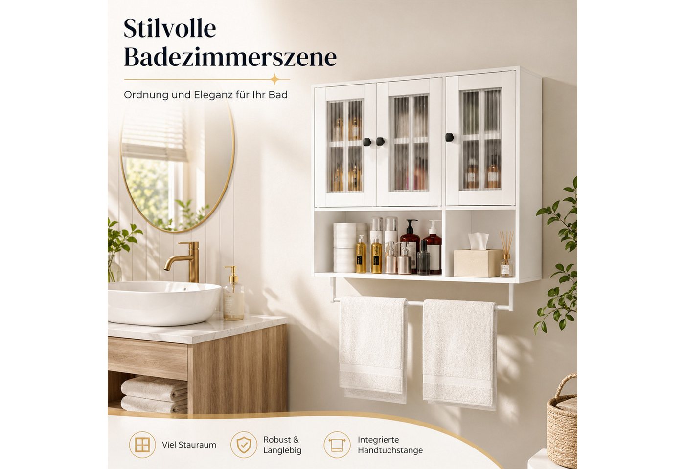Yorbay Hängeschrank Badezimmerschrank mit 3 Türen (Inklusive Handtuchhalter & höhenverstellbaren Einlegeböden) Moderner Aufbewahrungsschrank für Bad & Küche Bild 2