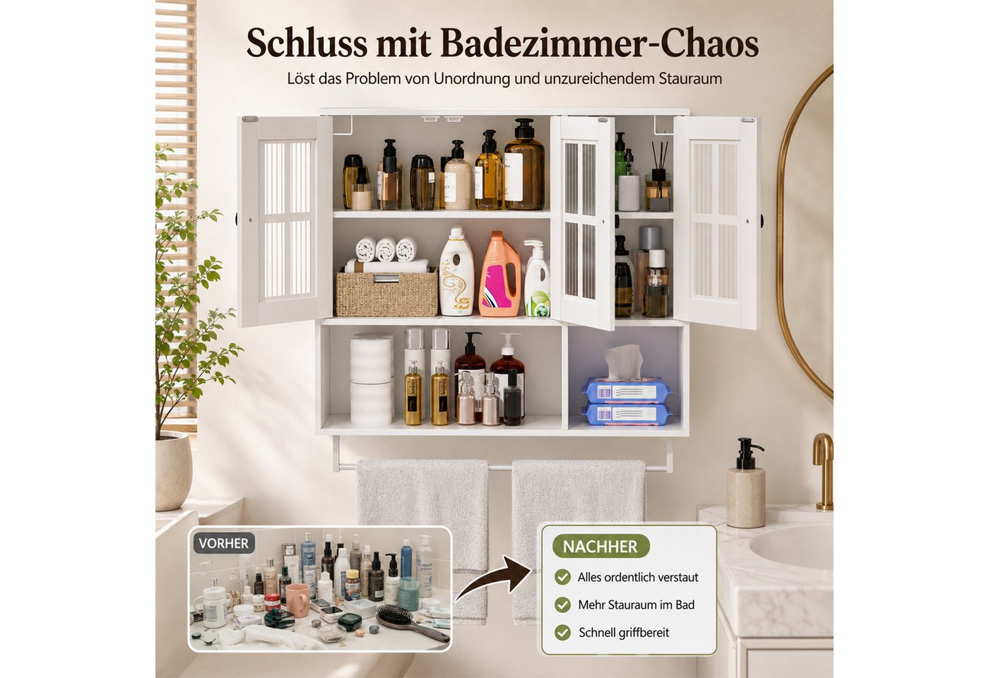 Yorbay Hängeschrank Badezimmerschrank mit 3 Türen (Inklusive Handtuchhalter & höhenverstellbaren Einlegeböden) Moderner Aufbewahrungsschrank für Bad & Küche Bild 3