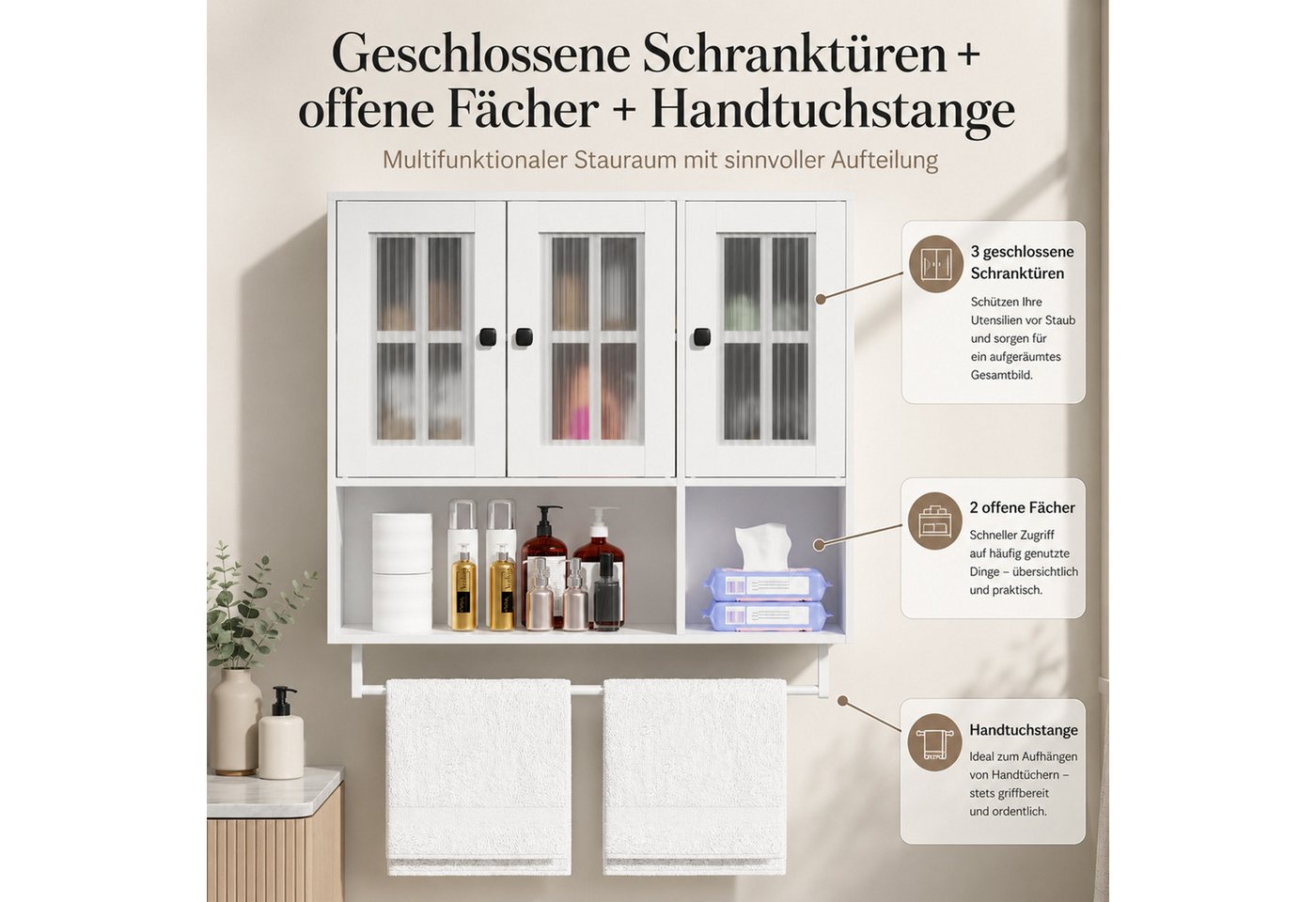 Yorbay Hängeschrank Badezimmerschrank mit 3 Türen (Inklusive Handtuchhalter & höhenverstellbaren Einlegeböden) Moderner Aufbewahrungsschrank für Bad & Küche Bild 4