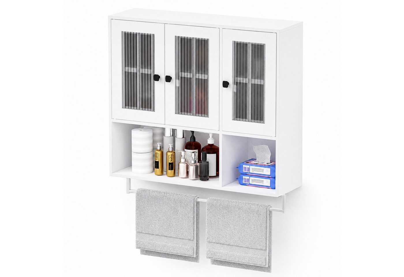 Yorbay Hängeschrank Badezimmerschrank mit 3 Türen (Inklusive Handtuchhalter & höhenverstellbaren Einlegeböden) Moderner Aufbewahrungsschrank für Bad & Küche Bild 5