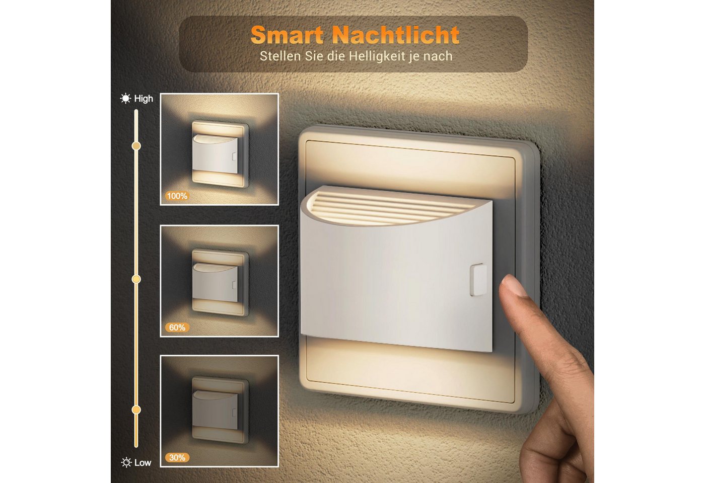 LOHAS-LED Nachtlicht Halbbogen LED Steckernachtlicht 2er-Set mit Dämmerungssensor, LED fest integriert, Warmweiß, 3-stufig dimmbar, 2700K Warm, Auf-Ab-Licht, Speicher & Schukostecker Bild 2