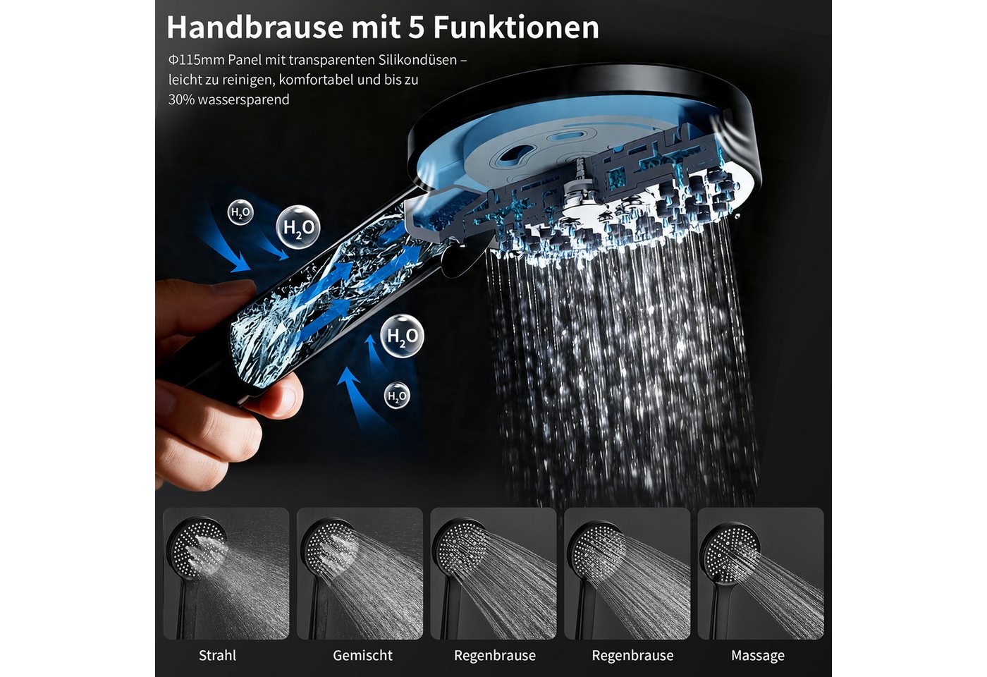 HOMELODY Duschsystem mit Regendusche 12 Zoll, SUS304 Kopfbrause, 3 Strahl Handbrause, 2 Strahlart(en), Schwarz Thermostatarmatur, 38°C Sicherheitssperre, höhenverstellbar