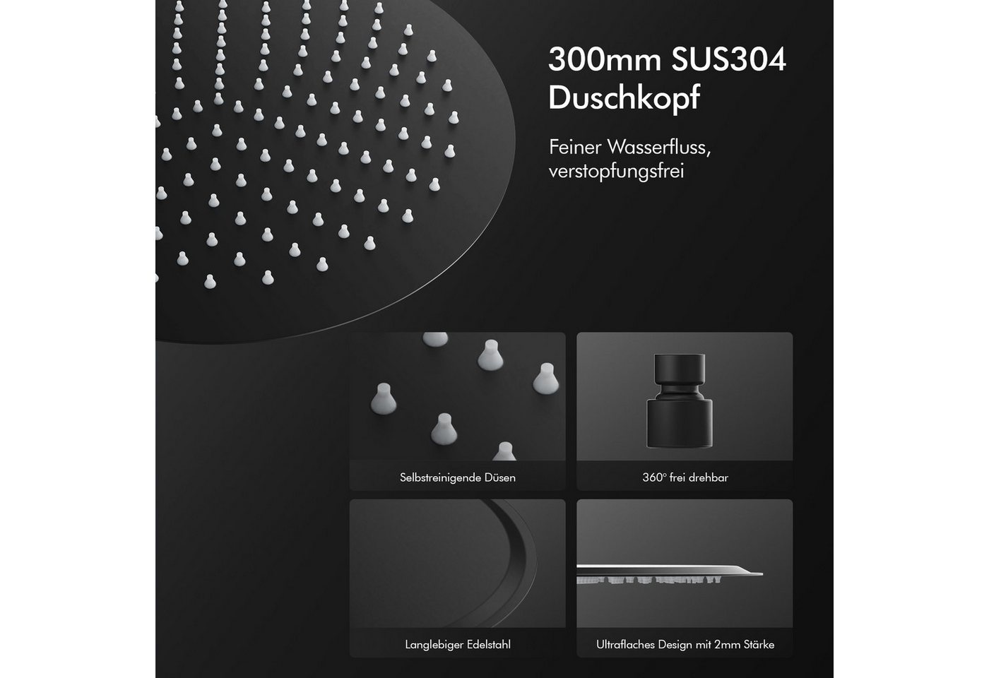 HOMELODY Duschsystem mit Regendusche 12 Zoll, SUS304 Kopfbrause, 3 Strahl Handbrause, 2 Strahlart(en), Schwarz Thermostatarmatur, 38°C Sicherheitssperre, höhenverstellbar Bild 2
