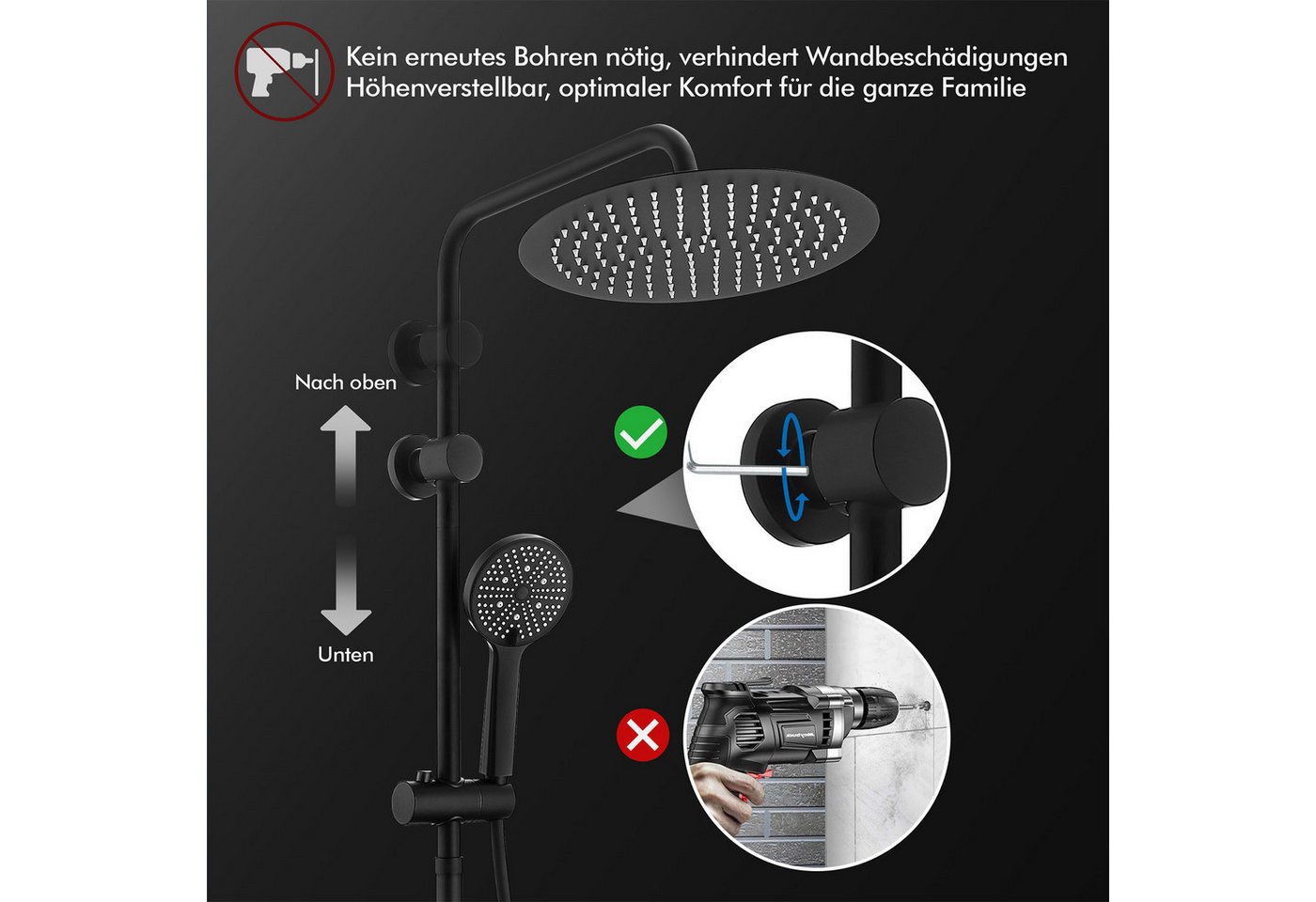 HOMELODY Duschsystem mit Regendusche 12 Zoll, SUS304 Kopfbrause, 3 Strahl Handbrause, 2 Strahlart(en), Schwarz Thermostatarmatur, 38°C Sicherheitssperre, höhenverstellbar Bild 4
