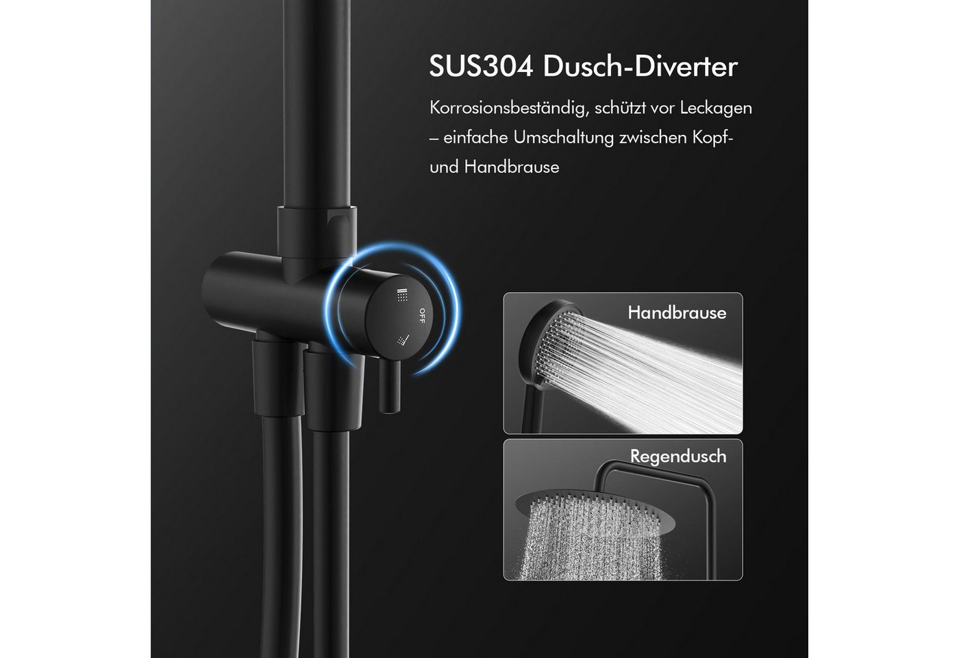 HOMELODY Duschsystem mit Regendusche 12 Zoll, SUS304 Kopfbrause, 3 Strahl Handbrause, 2 Strahlart(en), Schwarz Thermostatarmatur, 38°C Sicherheitssperre, höhenverstellbar Bild 5
