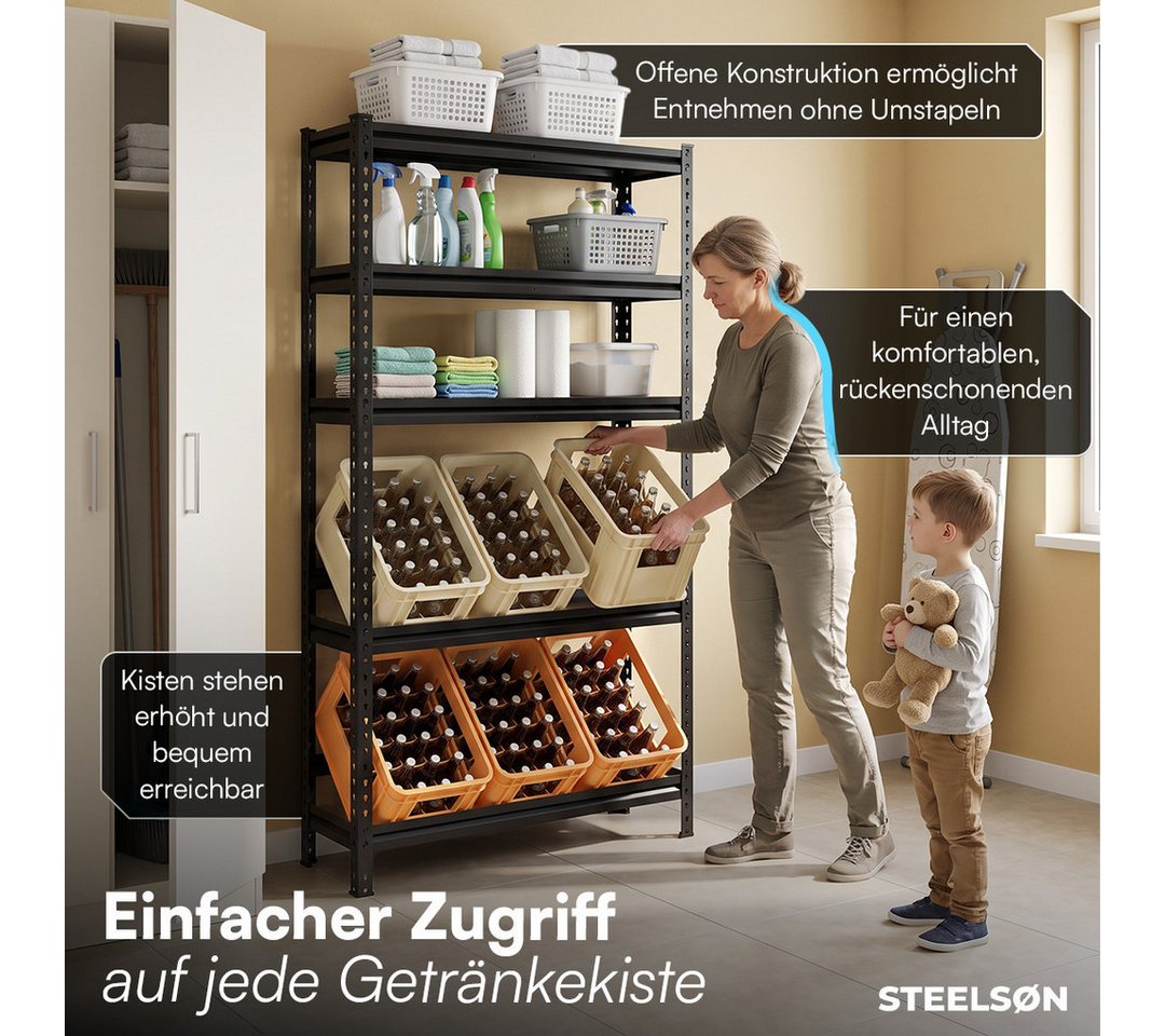 STEELSØN Flaschenregal Tarf für 6 Getränkekisten mit 3 Ablagen, Getränkeregal Metall, Schwarz, stabiles Kistenregal, Kastenständer HWR/Keller, 100x30x180 cm Bild 2