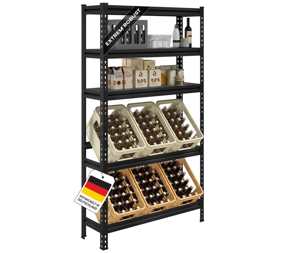 STEELSØN Flaschenregal Tarf für 6 Getränkekisten mit 3 Ablagen, Getränkeregal Metall, Schwarz, stabiles Kistenregal, Kastenständer HWR/Keller, 100x30x180 cm Bild 3