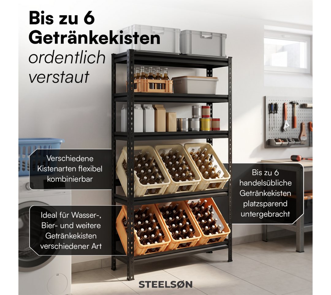 STEELSØN Flaschenregal Tarf für 6 Getränkekisten mit 3 Ablagen, Getränkeregal Metall, Schwarz, stabiles Kistenregal, Kastenständer HWR/Keller, 100x30x180 cm Bild 4