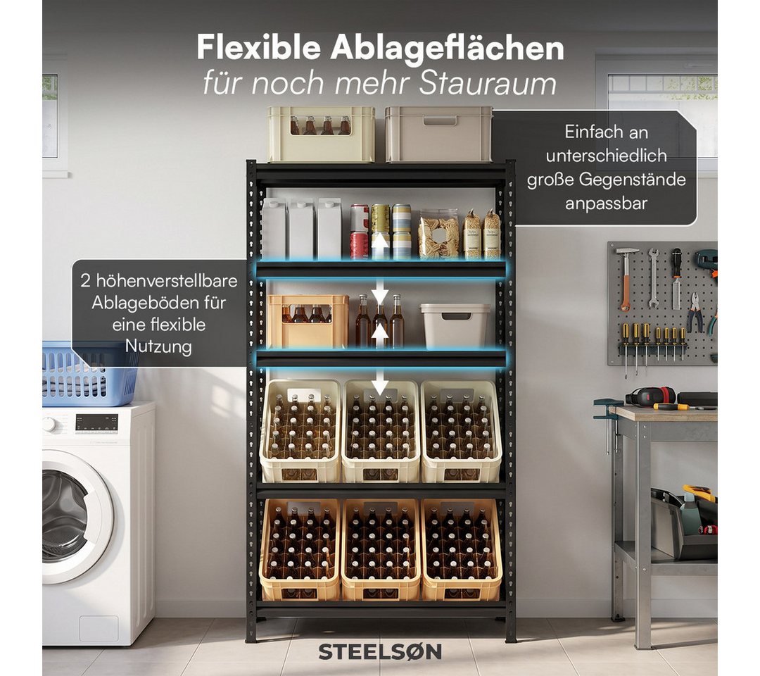 STEELSØN Flaschenregal Tarf für 6 Getränkekisten mit 3 Ablagen, Getränkeregal Metall, Schwarz, stabiles Kistenregal, Kastenständer HWR/Keller, 100x30x180 cm Bild 5