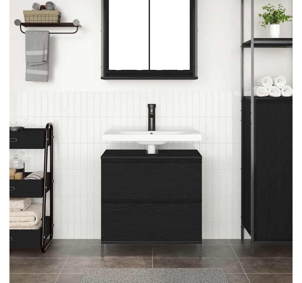 furnicato Waschbeckenunterschrank 60 x 34,5 x 60 cm Schwarz Eichen-Optik Badschränke mit Gasdruckfeder und praktischer Schiebeschublade Bild 2