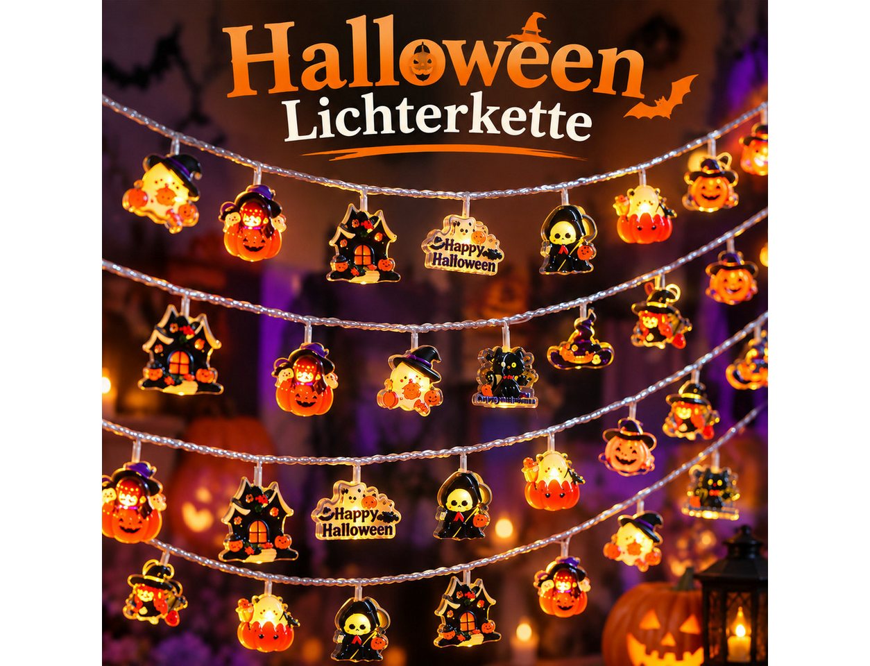 nsihing LED-Lichterkette Halloween Lichterkette 3 m, 20 LED, Kürbis- & Geisterlichter, Batteriebetrieben mit Blinkmodi für Innen & Außen Bild 4