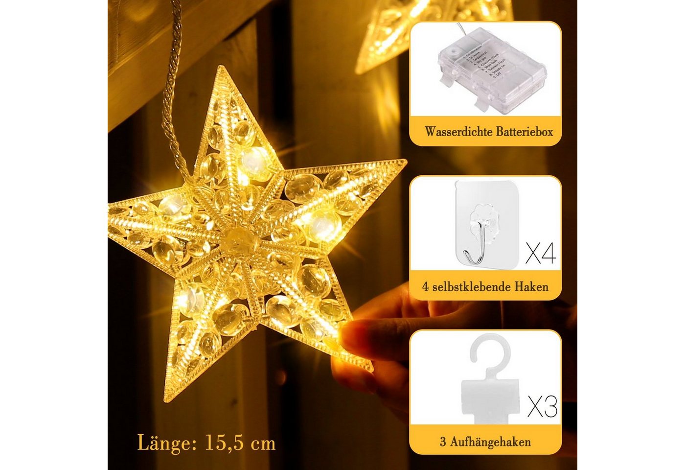 Quntis LED-Lichterkette 0.3/0.6M Led weihnachtsdeko fenster, weihnachtsstern mit haken, LED Fensterbilder für Weihnachtsdeko Innen/Außen mit Timer Speicher
