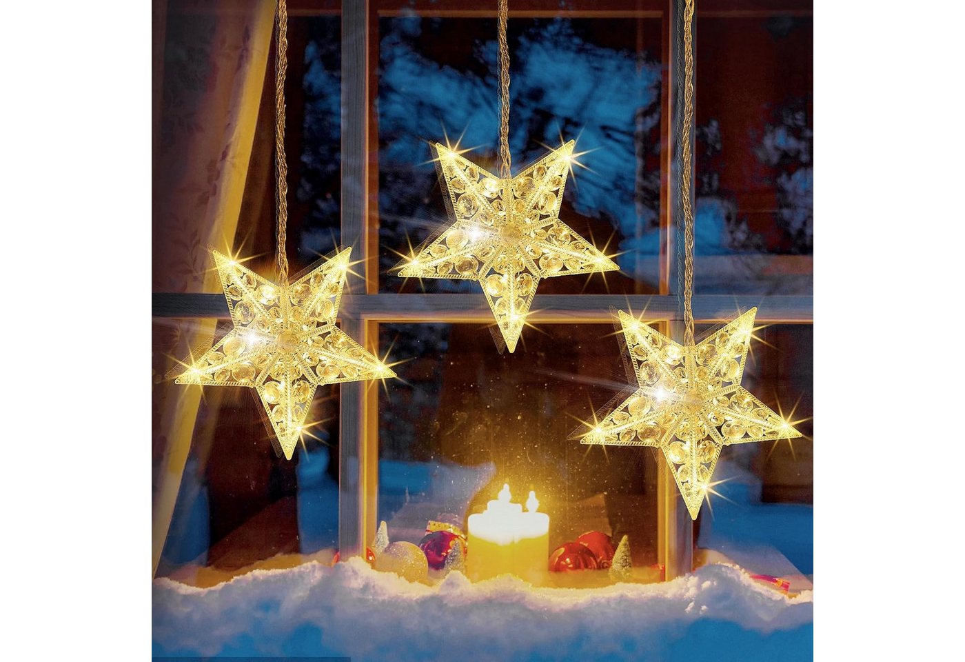 Quntis LED-Lichterkette 0.3/0.6M Led weihnachtsdeko fenster, weihnachtsstern mit haken, LED Fensterbilder für Weihnachtsdeko Innen/Außen mit Timer Speicher Bild 2