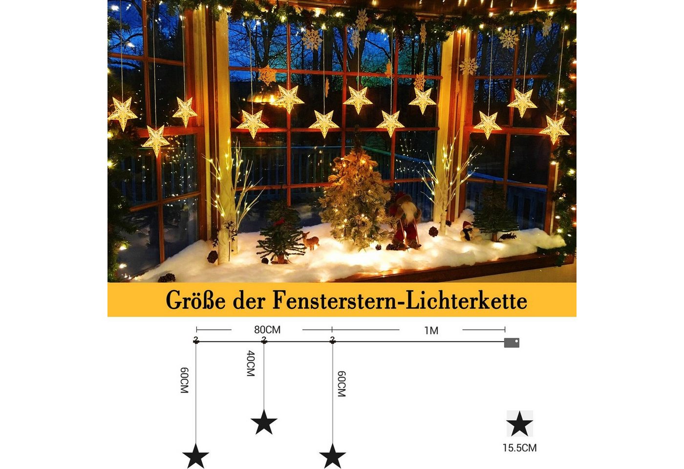 Quntis LED-Lichterkette 0.3/0.6M Led weihnachtsdeko fenster, weihnachtsstern mit haken, LED Fensterbilder für Weihnachtsdeko Innen/Außen mit Timer Speicher Bild 3