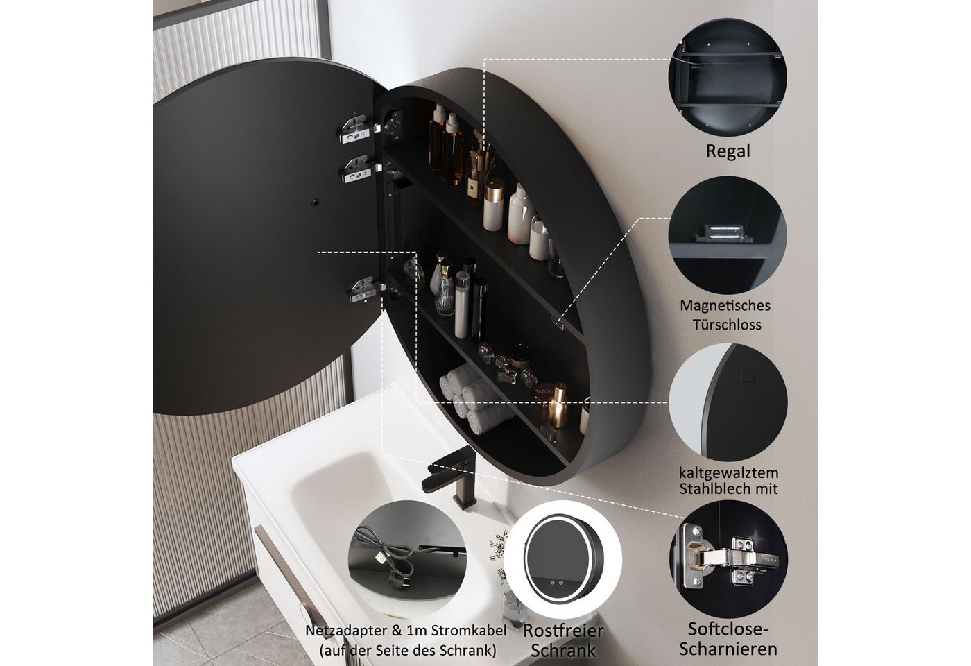WDWRITTI Spiegelschrank Badezimmer mit Beleuchtung 80 Badezimmerspiegelschrank mit LED (Wandschrank Badezimmer Rund 80x80cm, 3Lichtfarben, Dimmbar, Anti-fog, Speicherfunktion) Schrank Metall, Stahlblechregale, mit Netzadapter, IP44