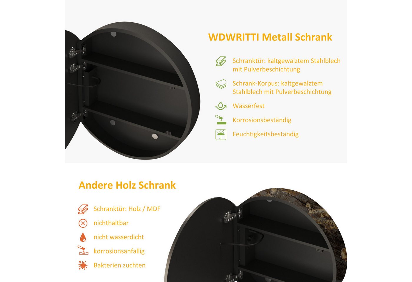 WDWRITTI Spiegelschrank Badezimmer mit Beleuchtung 80 Badezimmerspiegelschrank mit LED (Wandschrank Badezimmer Rund 80x80cm, 3Lichtfarben, Dimmbar, Anti-fog, Speicherfunktion) Schrank Metall, Stahlblechregale, mit Netzadapter, IP44 Bild 3