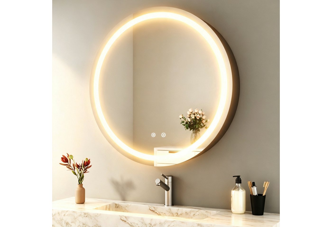 WDWRITTI Spiegelschrank Badezimmer mit Beleuchtung 80 Badezimmerspiegelschrank mit LED (Wandschrank Badezimmer Rund 80x80cm, 3Lichtfarben, Dimmbar, Anti-fog, Speicherfunktion) Schrank Metall, Stahlblechregale, mit Netzadapter, IP44 Bild 4