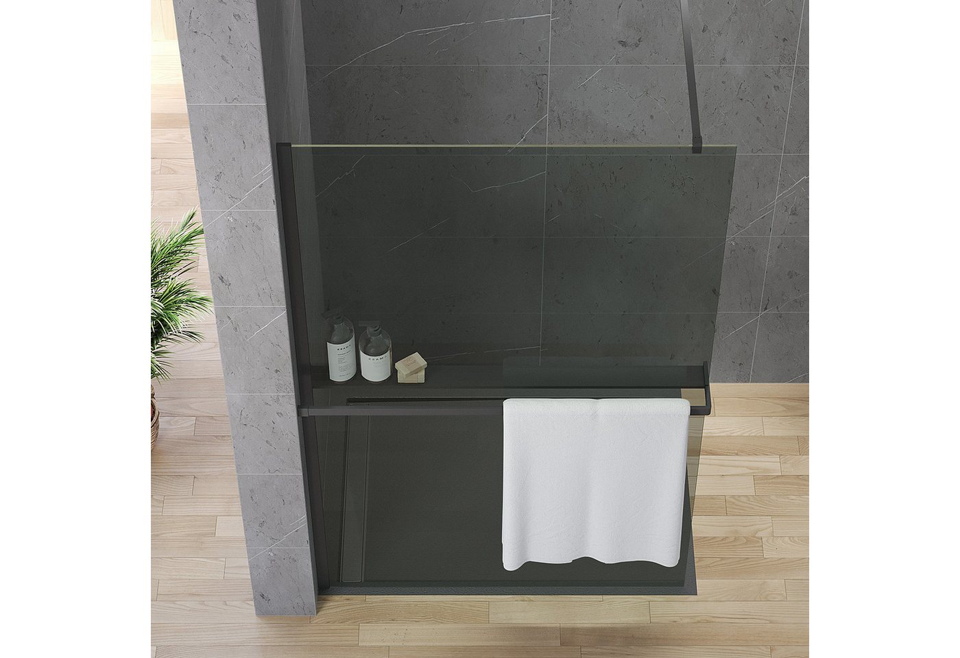 AQUALAVOS Walk-in-Dusche Schwarze Duschabtrennung 200 cm Höhe mit Handtuchhalter & Ablage Nano, 8 mm ESG Sicherheitsglas (DIN EN 12150) mit Nano-Beschichtung Breite 80 - 120 cm, Montage links oder rechts möglich, auf Duschwanne oder Boden Bild 2