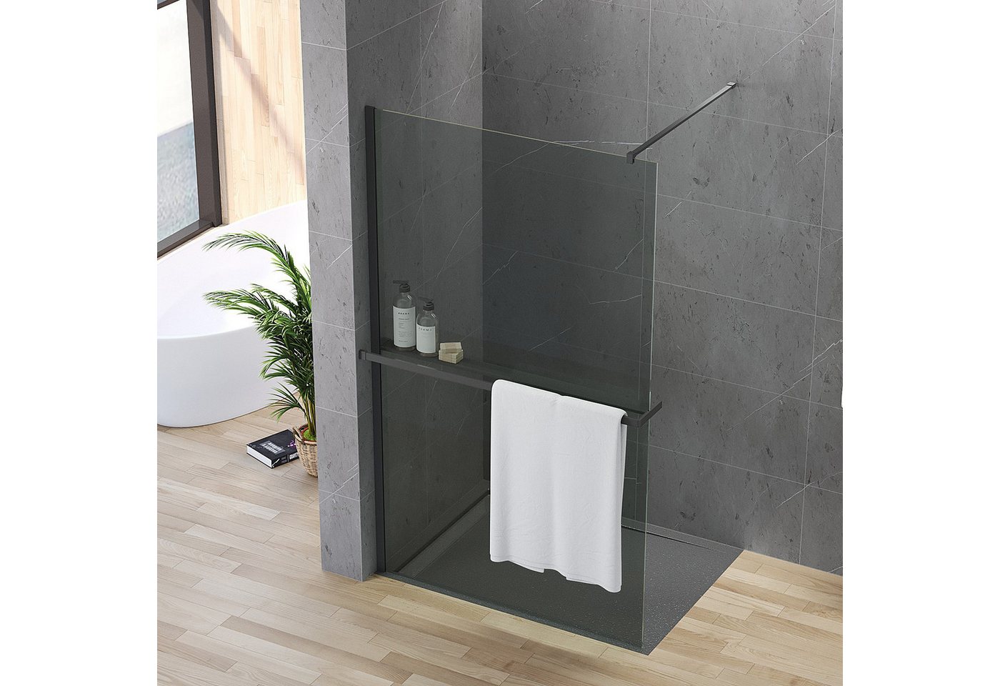 AQUALAVOS Walk-in-Dusche Schwarze Duschabtrennung 200 cm Höhe mit Handtuchhalter & Ablage Nano, 8 mm ESG Sicherheitsglas (DIN EN 12150) mit Nano-Beschichtung Breite 80 - 120 cm, Montage links oder rechts möglich, auf Duschwanne oder Boden Bild 4