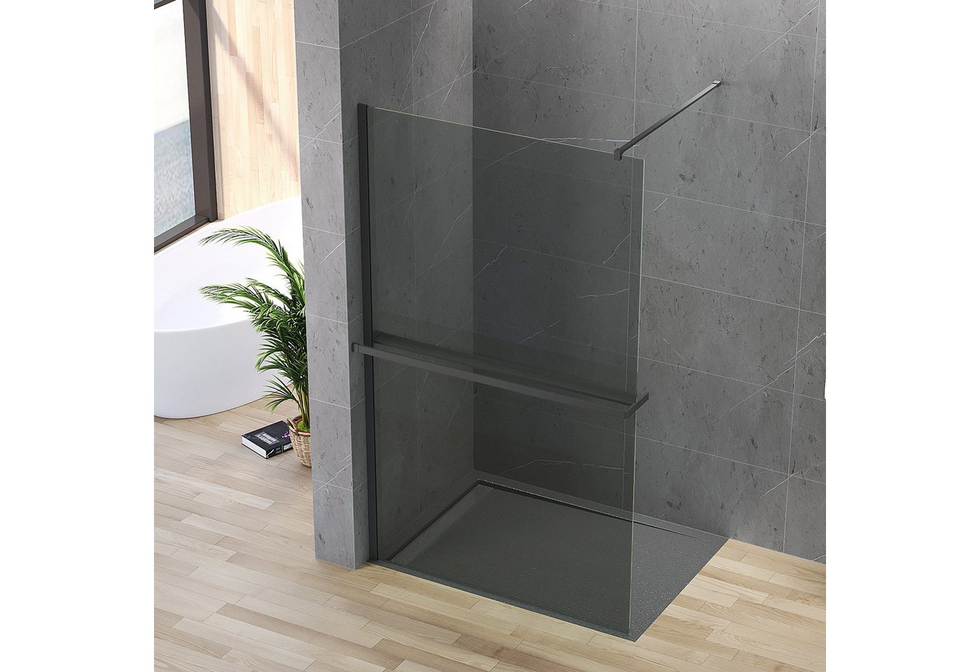 AQUALAVOS Walk-in-Dusche Schwarze Duschabtrennung 200 cm Höhe mit Handtuchhalter & Ablage Nano, 8 mm ESG Sicherheitsglas (DIN EN 12150) mit Nano-Beschichtung Breite 80 - 120 cm, Montage links oder rechts möglich, auf Duschwanne oder Boden Bild 5