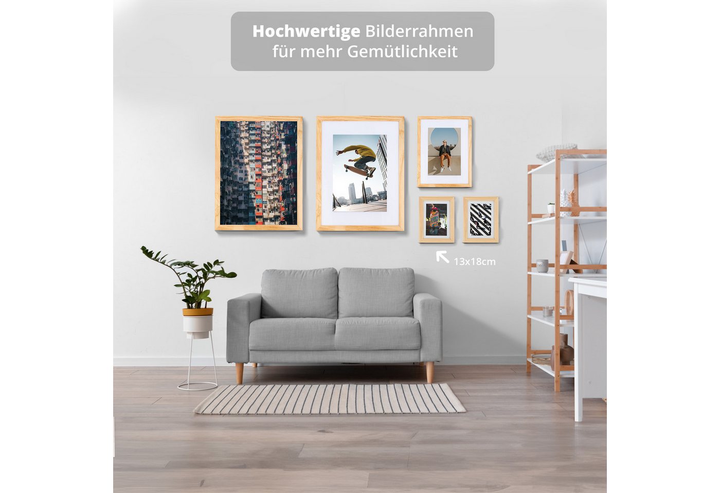 KHG Bilderrahmen 13x18 cm Natur, für 1 Bilder (stabile Glasfront, MDF-Holz-Rahmen foliert & Passepartout, 1 St), Premium-Rahmen für Fotos, Poster, Zertifikate & Collagen Bild 3