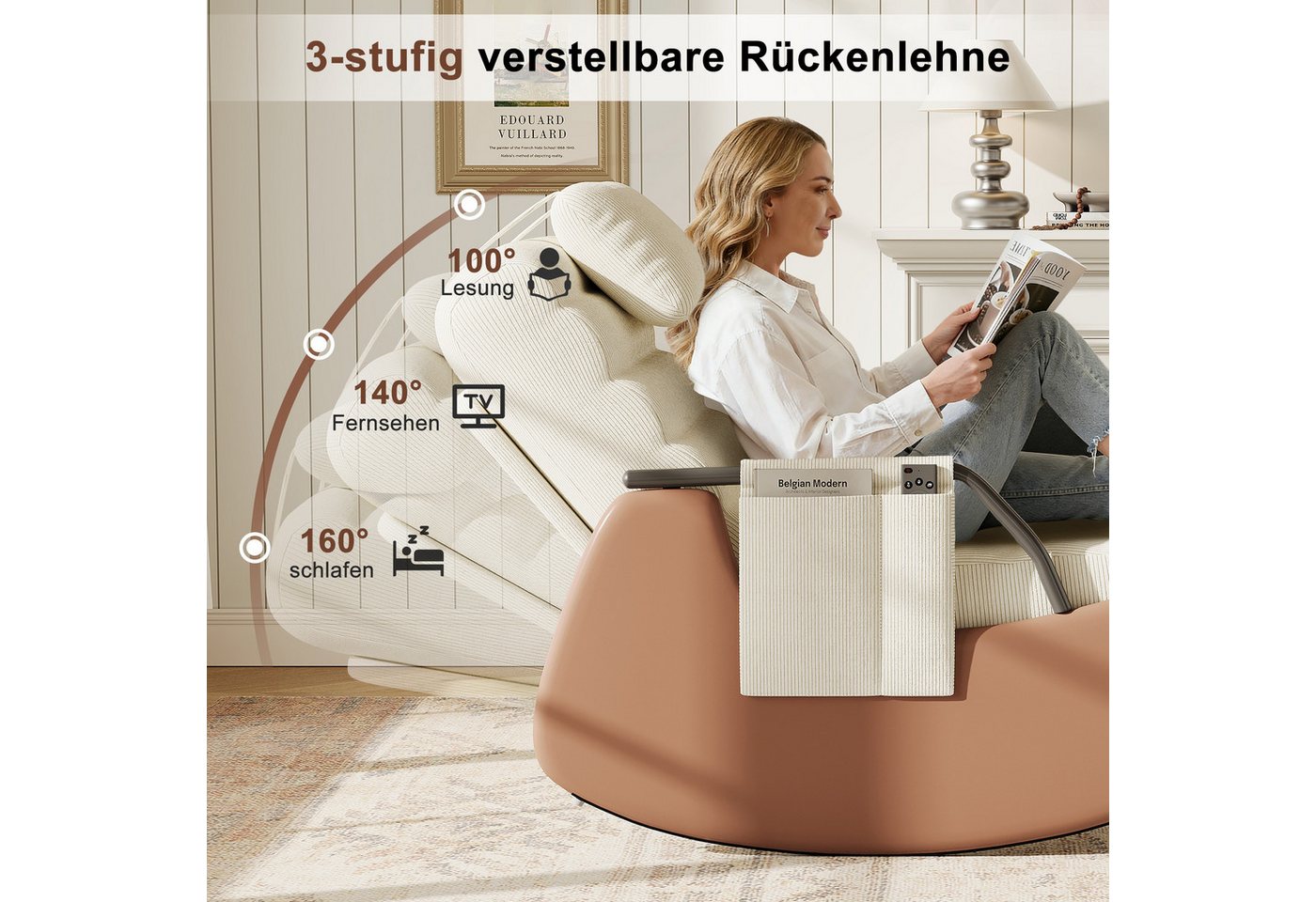 BELUPAI Schaukelstuhl Polster Schaukelsessel, (Set, 1 St), mit Fußstütze und 3-stufia verstellbare Rückenlehne,Cord,Beige Bild 2