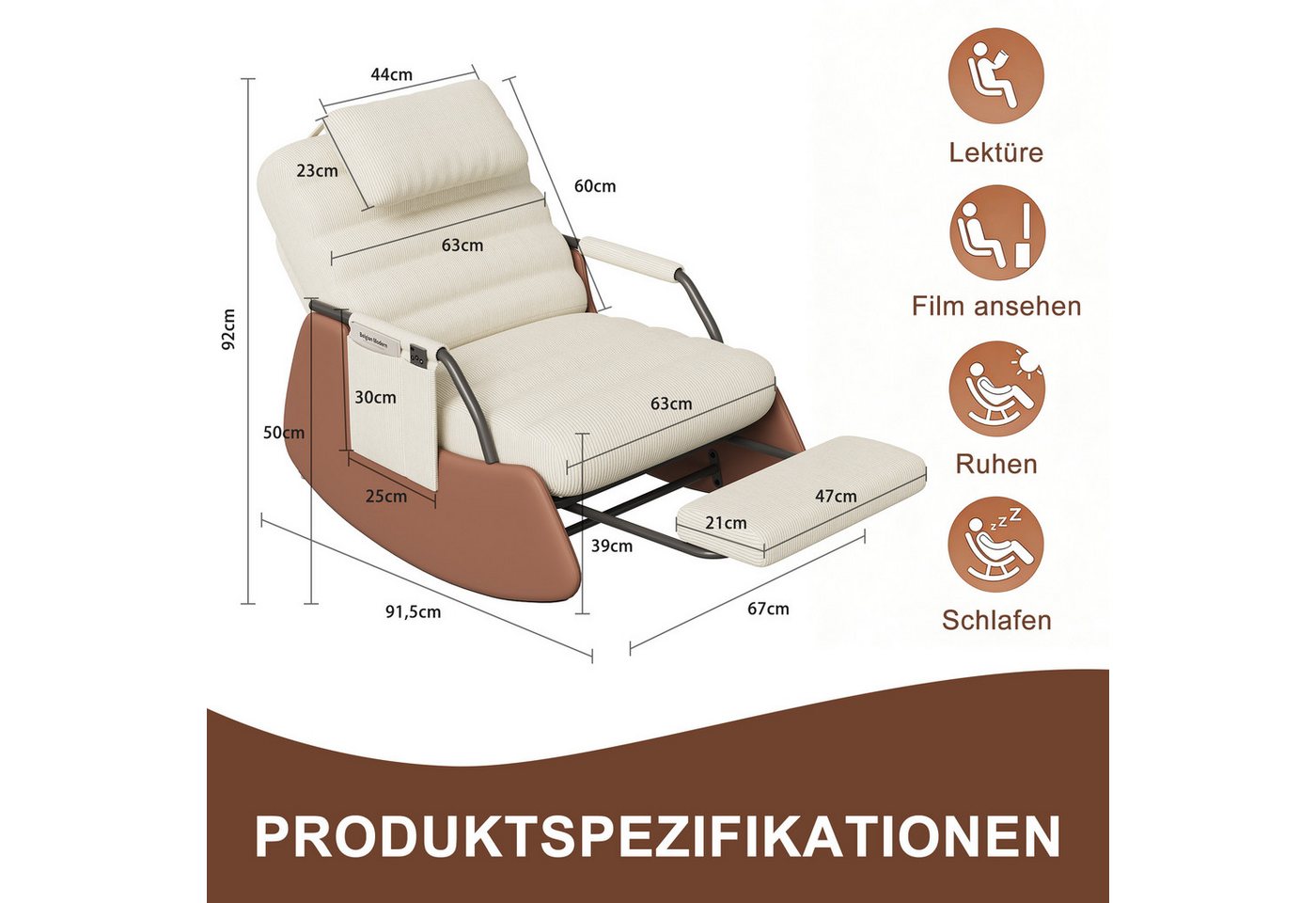 BELUPAI Schaukelstuhl Polster Schaukelsessel, (Set, 1 St), mit Fußstütze und 3-stufia verstellbare Rückenlehne,Cord,Beige Bild 3