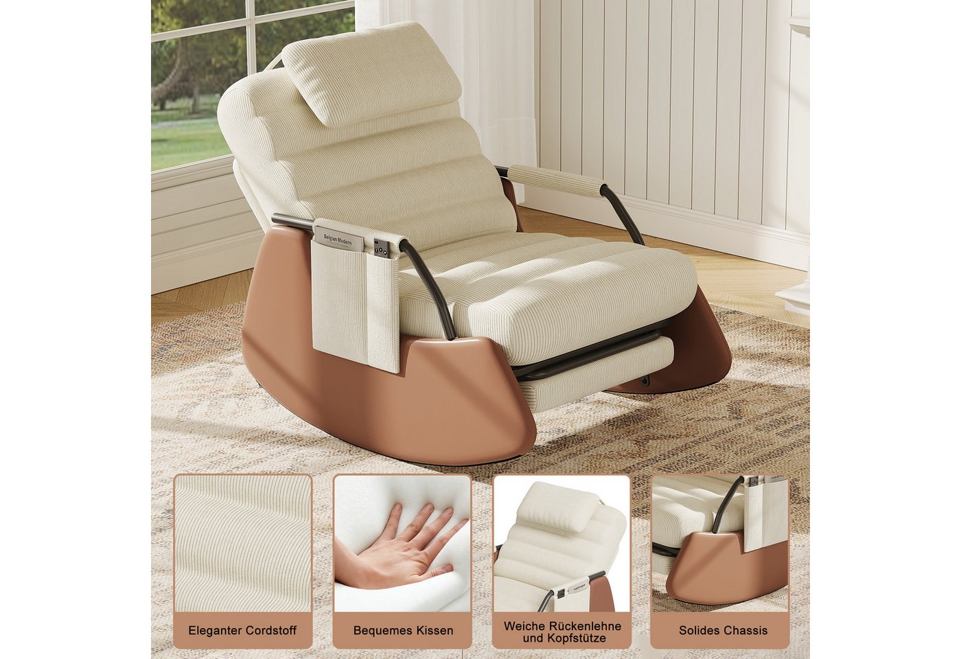 BELUPAI Schaukelstuhl Polster Schaukelsessel, (Set, 1 St), mit Fußstütze und 3-stufia verstellbare Rückenlehne,Cord,Beige Bild 4