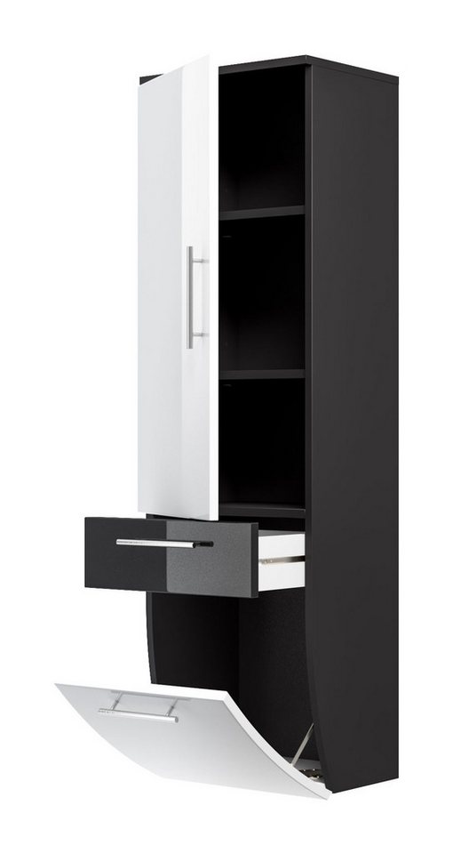 Magnolia Home Badmöbel-Set Hochschrank 135 cm Salona Weiss hochglanz/Grafit hochglanz, Soft-Close
