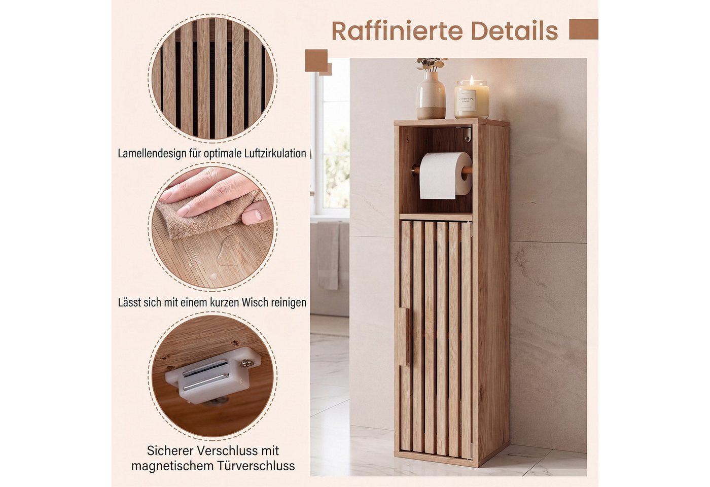 COSTWAY Badkommode Schmaler Badezimmerschrank aus Holz, 20 x 19 x 78 cm, Natur