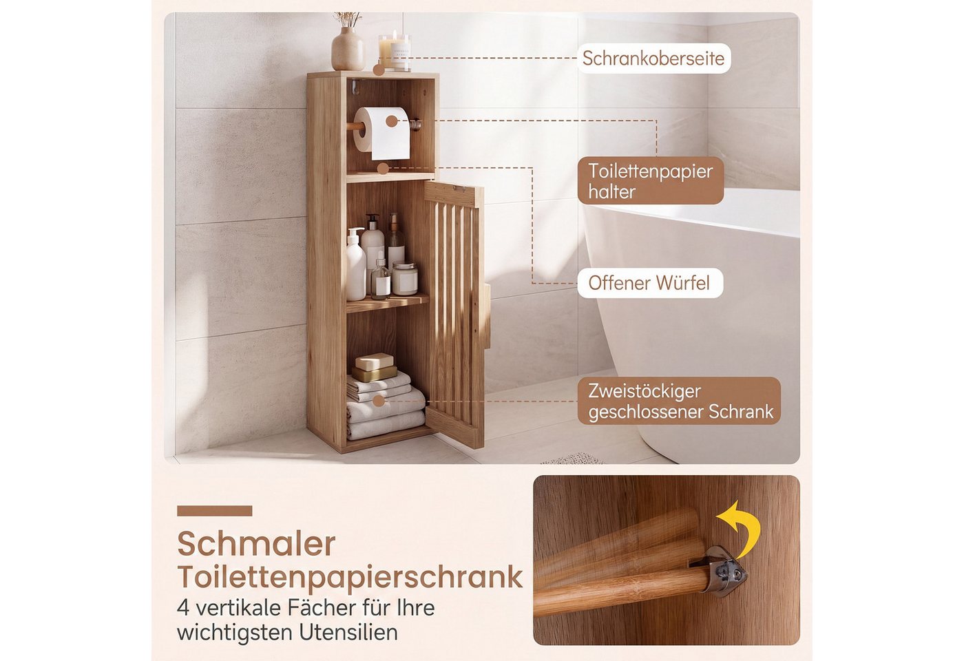COSTWAY Badkommode Schmaler Badezimmerschrank aus Holz, 20 x 19 x 78 cm, Natur Bild 2