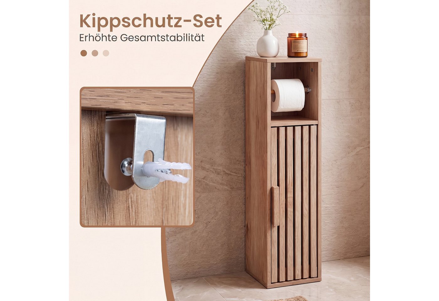 COSTWAY Badkommode Schmaler Badezimmerschrank aus Holz, 20 x 19 x 78 cm, Natur Bild 4