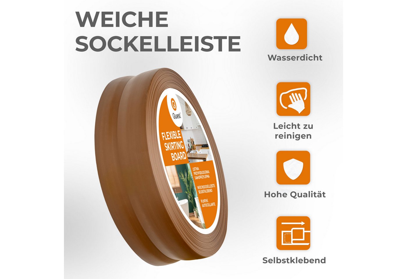 Quest Sockelleiste Weichsockelleiste Selbstklebend 18x18 mm, L: 500,00 cm, H: 1,80 cm, Packung, 1-St., wasserfest, UV-beständig, für Küche & Bad Bild 5