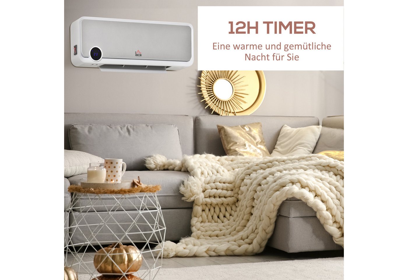 HOMCOM Heizlüfter Wandmontage, Wandheizgerät, Schnellheizer für Wohnzimmer, 2000 W, Keramikheizer, mehrere Modi, Timer, LED-Anzeige, Fernbedienung, Weiß Bild 2