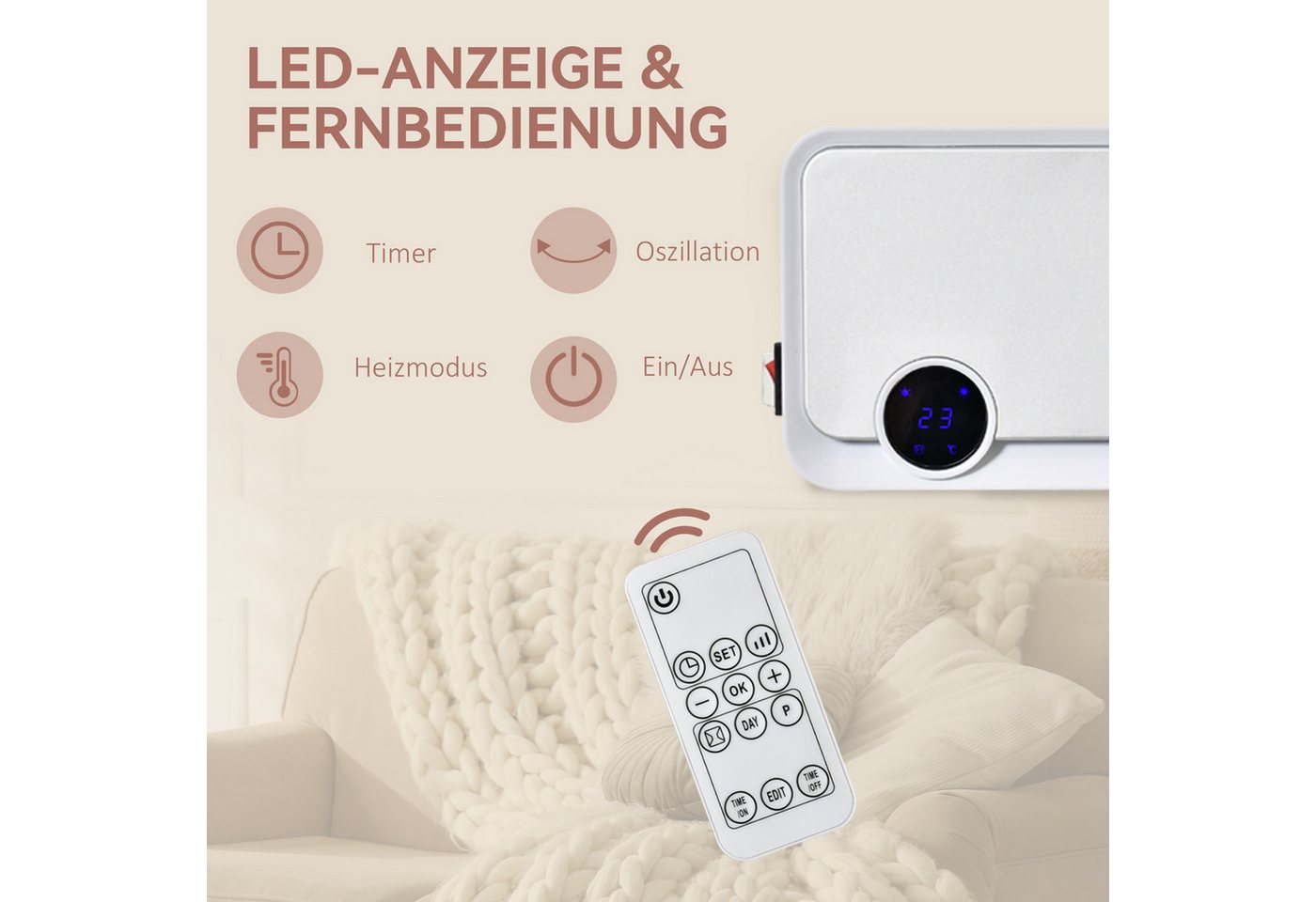 HOMCOM Heizlüfter Wandmontage, Wandheizgerät, Schnellheizer für Wohnzimmer, 2000 W, Keramikheizer, mehrere Modi, Timer, LED-Anzeige, Fernbedienung, Weiß Bild 3