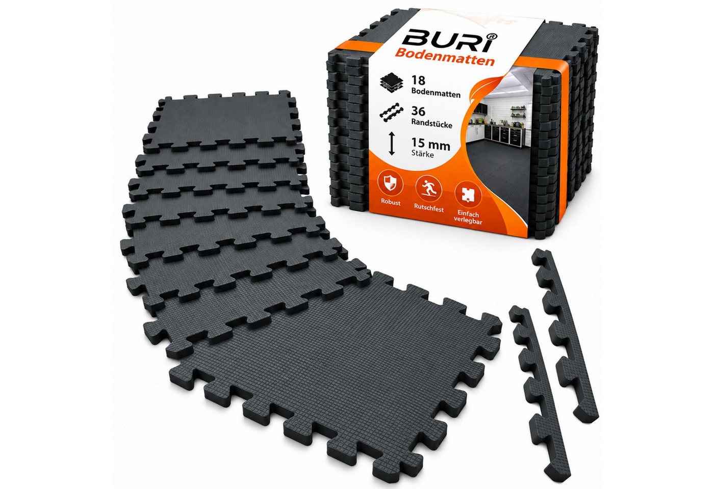 BURI Bodenschutzmatte Bodenschutzmatten 18er Set 15 mm Puzzlematten für Fitness und Geräte, 18-St. Bild 2