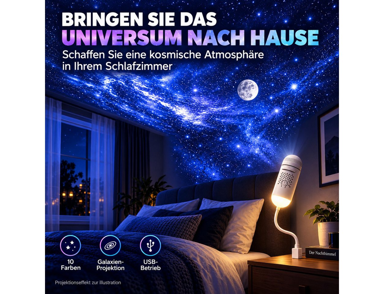 Toomoke LED Nachtlicht 2-in-1 Sternenhimmel mit 24 Motiven, Nachtlicht mit USB, Kompakte Projektionslampe für Schlafzimmer und Kinderzimmer Bild 2
