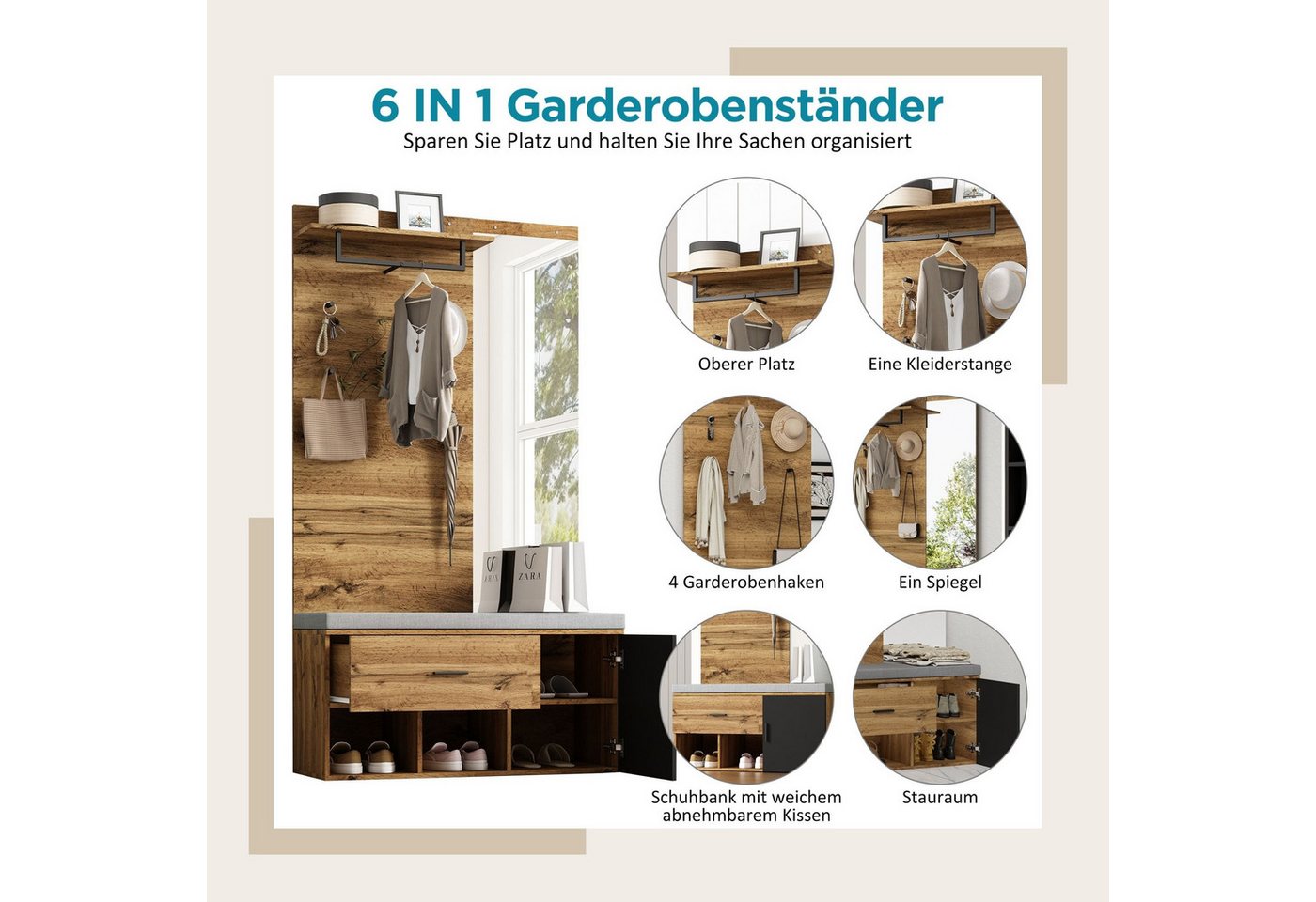 SeedWave Garderobe Garderobenschrank mit Schuhschrank, 7-in-1-Design mit Spiegel, Bank, Flache Regalen, Moderner Holzoptik, 190cm Höhe Bild 2