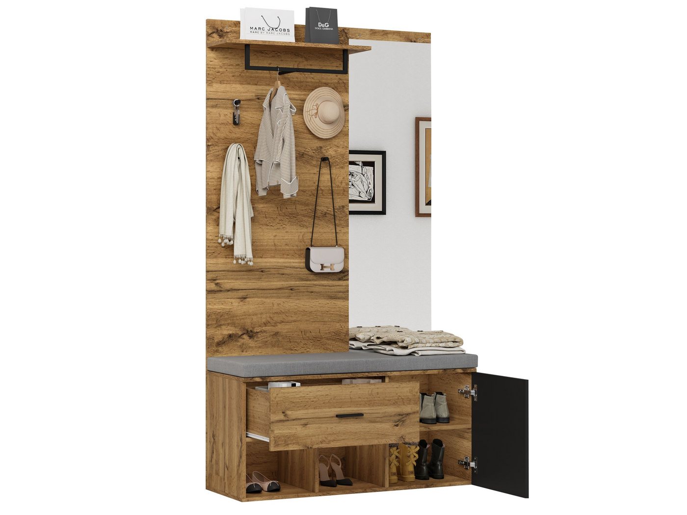 SeedWave Garderobe Garderobenschrank mit Schuhschrank, 7-in-1-Design mit Spiegel, Bank, Flache Regalen, Moderner Holzoptik, 190cm Höhe Bild 3