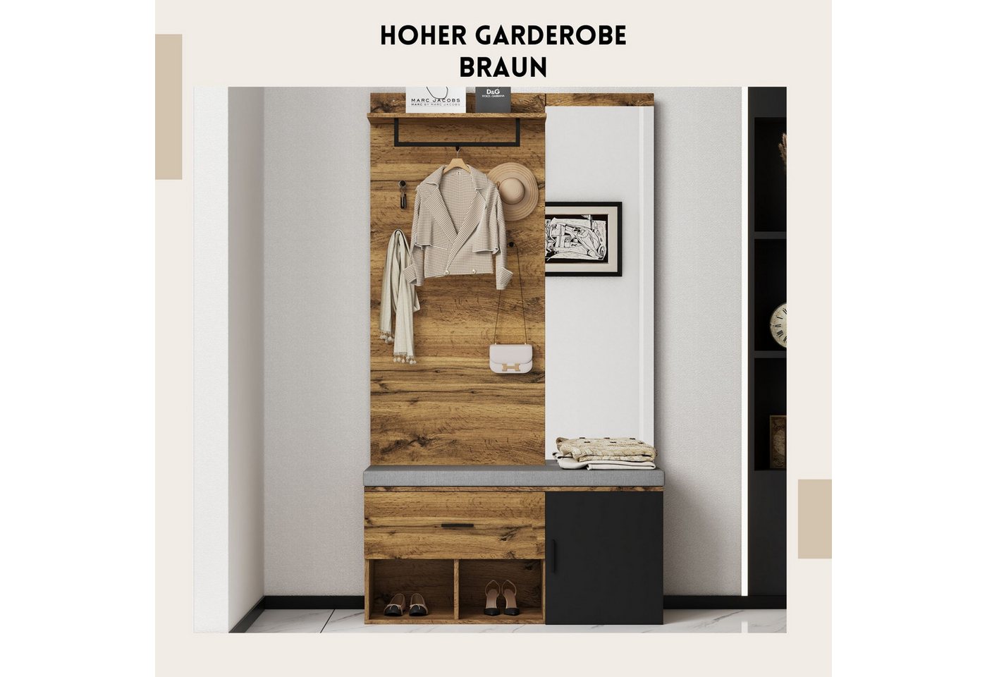 SeedWave Garderobe Garderobenschrank mit Schuhschrank, 7-in-1-Design mit Spiegel, Bank, Flache Regalen, Moderner Holzoptik, 190cm Höhe Bild 4