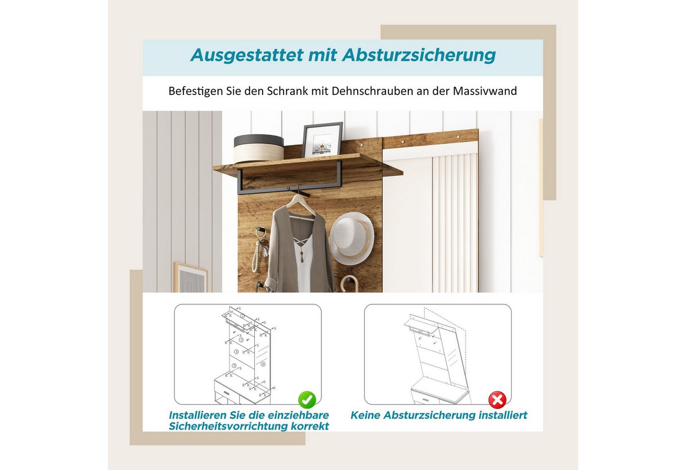 SeedWave Garderobe Garderobenschrank mit Schuhschrank, 7-in-1-Design mit Spiegel, Bank, Flache Regalen, Moderner Holzoptik, 190cm Höhe Bild 5