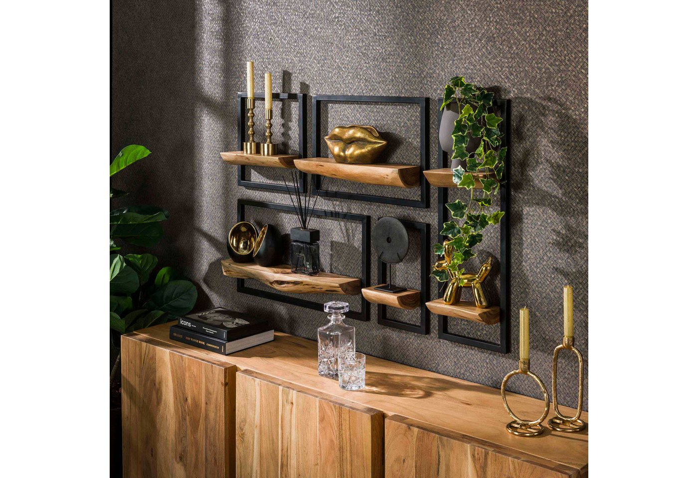 alesvelt Wandregal Set EDGE FRAME 5-teiliges Industrial-Galeriesystem mit Baumkante, 110x15x75cm, Akazie Bild 2