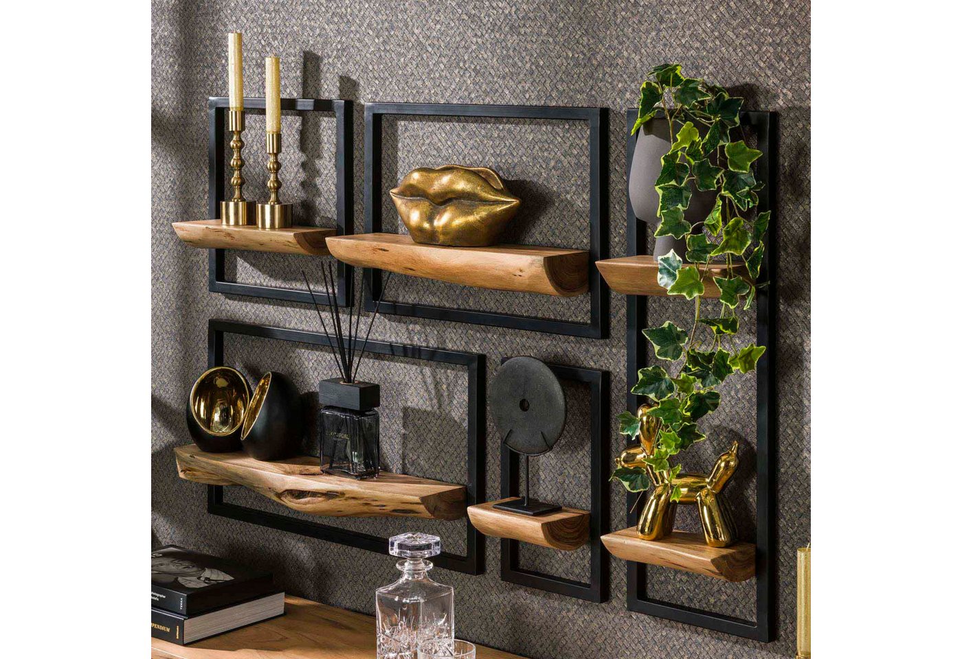 alesvelt Wandregal Set EDGE FRAME 5-teiliges Industrial-Galeriesystem mit Baumkante, 110x15x75cm, Akazie Bild 5