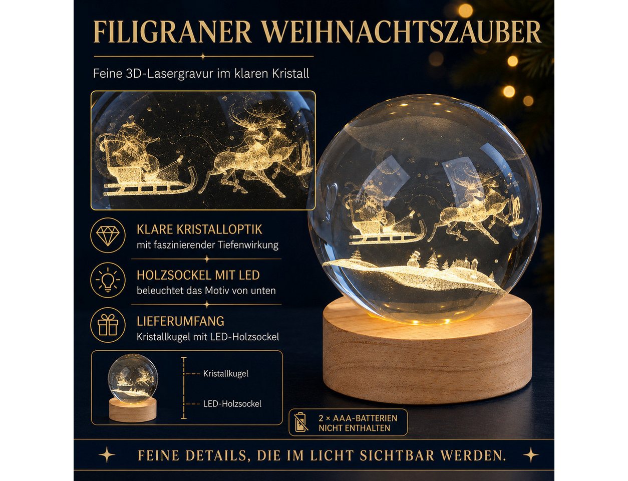 formano LED Dekolicht LED-Kristallkugel Santa im Schlitten auf Holzsockel, 10 cm, LED fest integriert